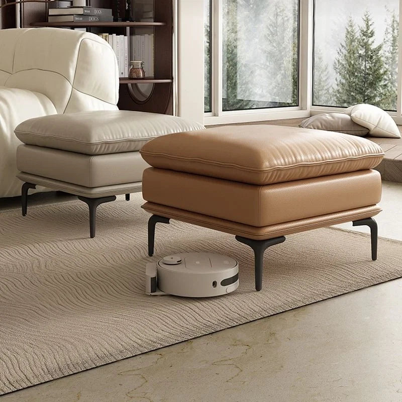 Cushioned top ottoman photo showing piping, footstool footrest, padded leatherette ivory