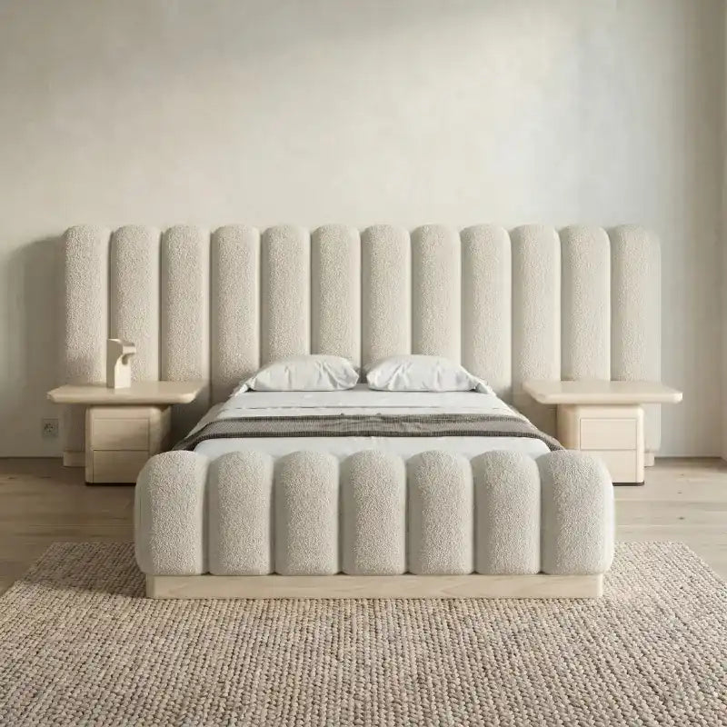 Gavio Boucle Bed with Soft Textured Fabric and Side Tables