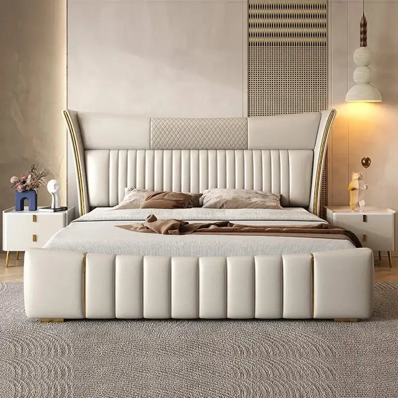 Feska bed for king size mattress with upholstered bed construction, gold trim accents, wingback headboard and elegant master bedroom bed design
