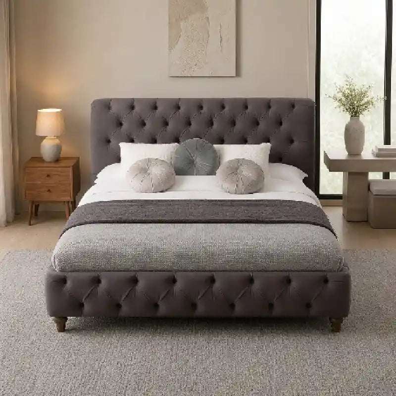 Huxon rolled wing headboard velvet finish; Huxon luxury bed shown as a bed with headboard.