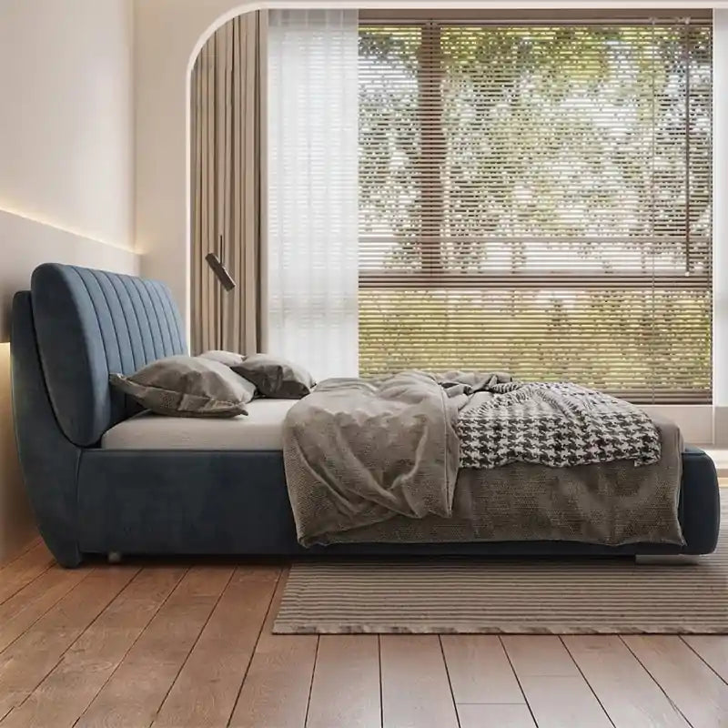 Koda plush vertical panel soft fabric upholstered bed; Koda platform bed shown as an upholstered bed.