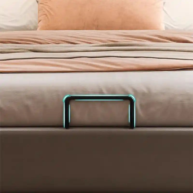 Halric high padded headboard in plush finish, , , leatherette; Halric hydraulic bed with storage shown as an upholstered bed.