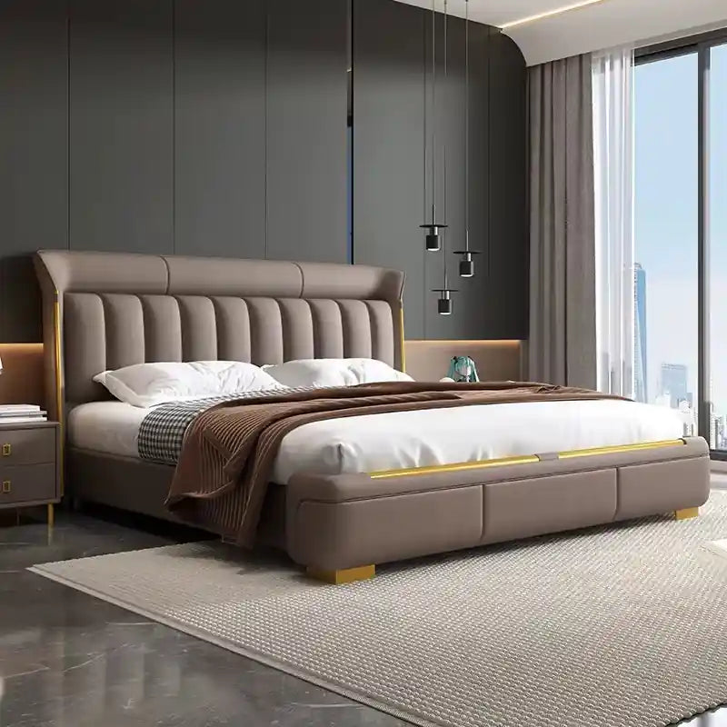 Luxury upholstered cot design bed frame with gold accents beige platform style