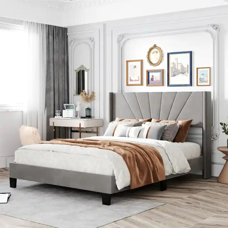 Zuri elegant upholstered cot grey velvet finish; Zuri bed with headboard shown as a platform bed.