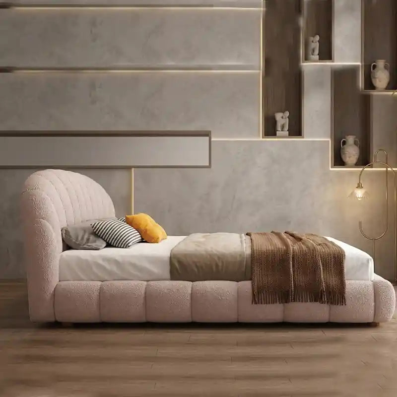 Norel low platform upholstered bed cream fabric; Norel upholstered bed shown as a platform bed.