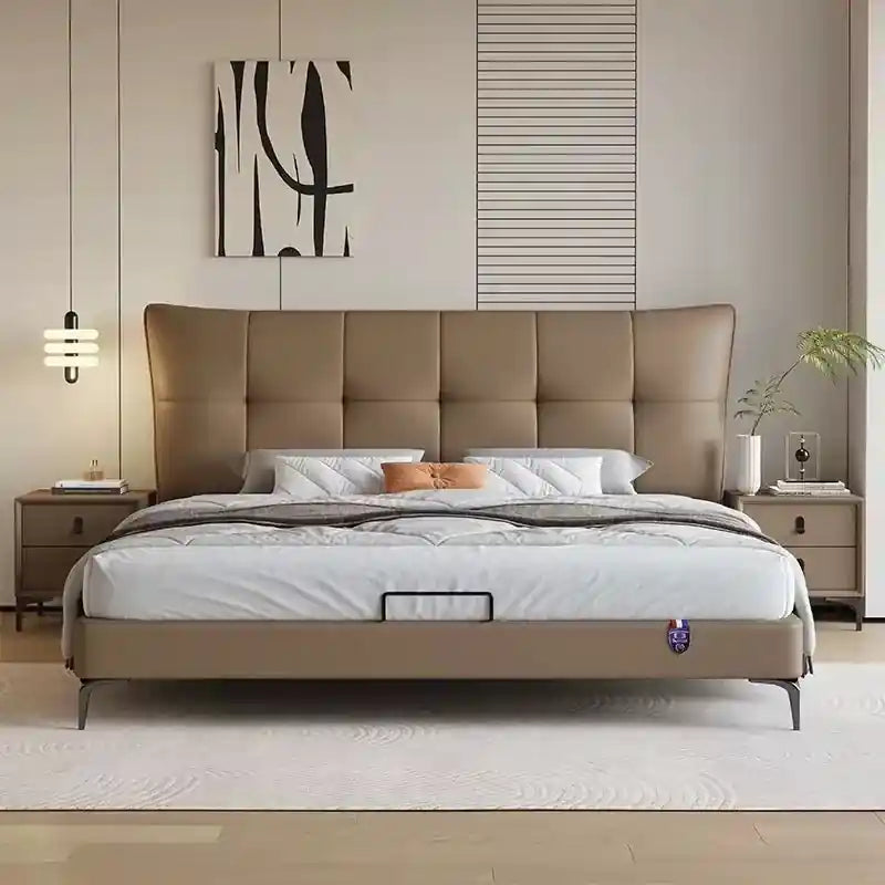 Maple winged ergonomic backrest detail; Maple hydraulic storage bed shown as a bed with headboard.