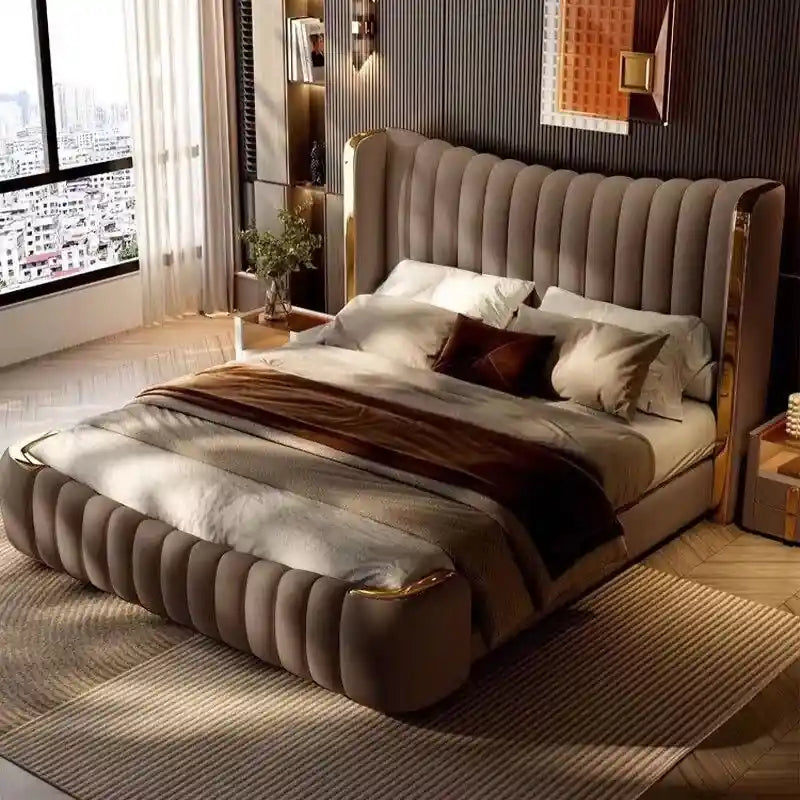 Golran plush headboard cream upholstered cot; Golran luxury bed shown as an upholstered bed.