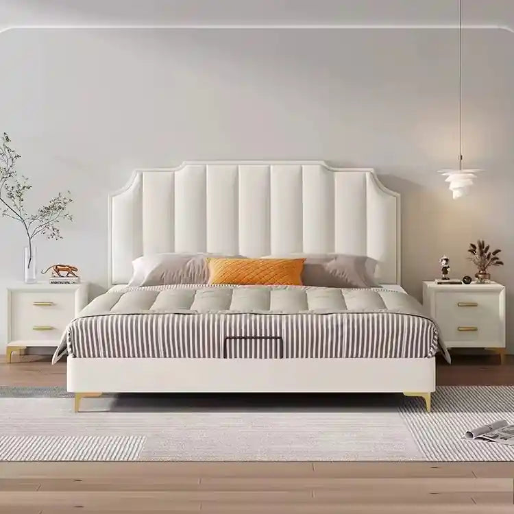 Volin luxury cream vertical panel upholstered platform bed; Volin platform bed shown as a bed with headboard.