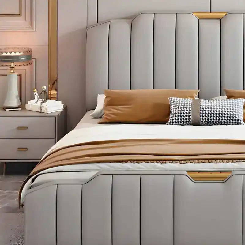 Side angle new bed design master bedroom bed design in grey upholstery