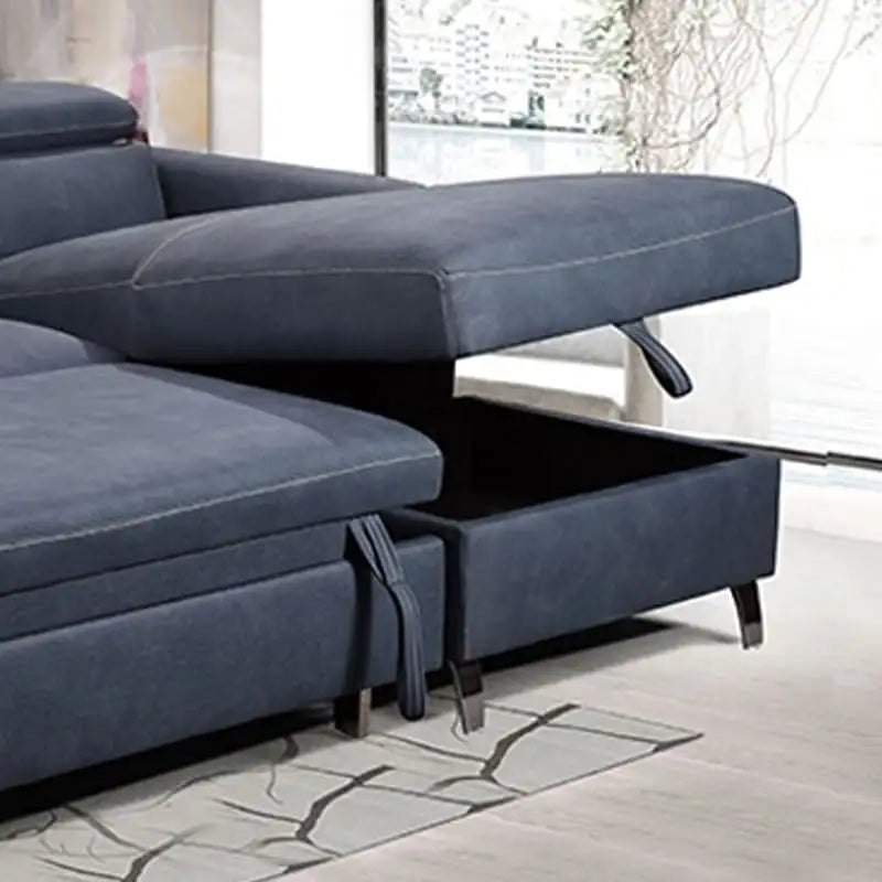 Sofa cumm bed with lift-up storage chaise, raised headrests, pull-out sofa bed function, and dark navy sofa bed finish