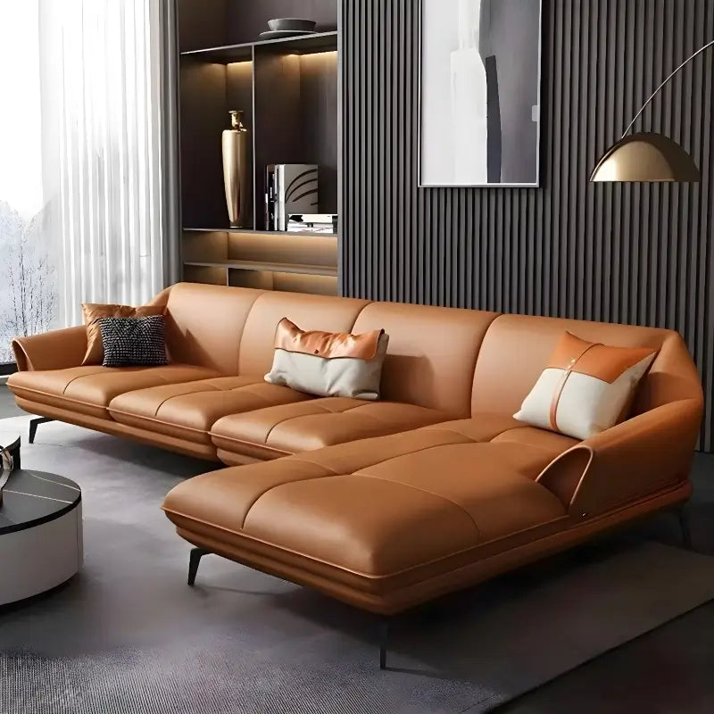 Varek L Shape Leather Sofa with Curved Arms