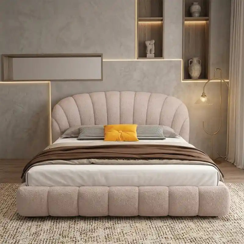 Norel rounded cushioned blush boucle; Norel upholstered bed shown as a platform bed.