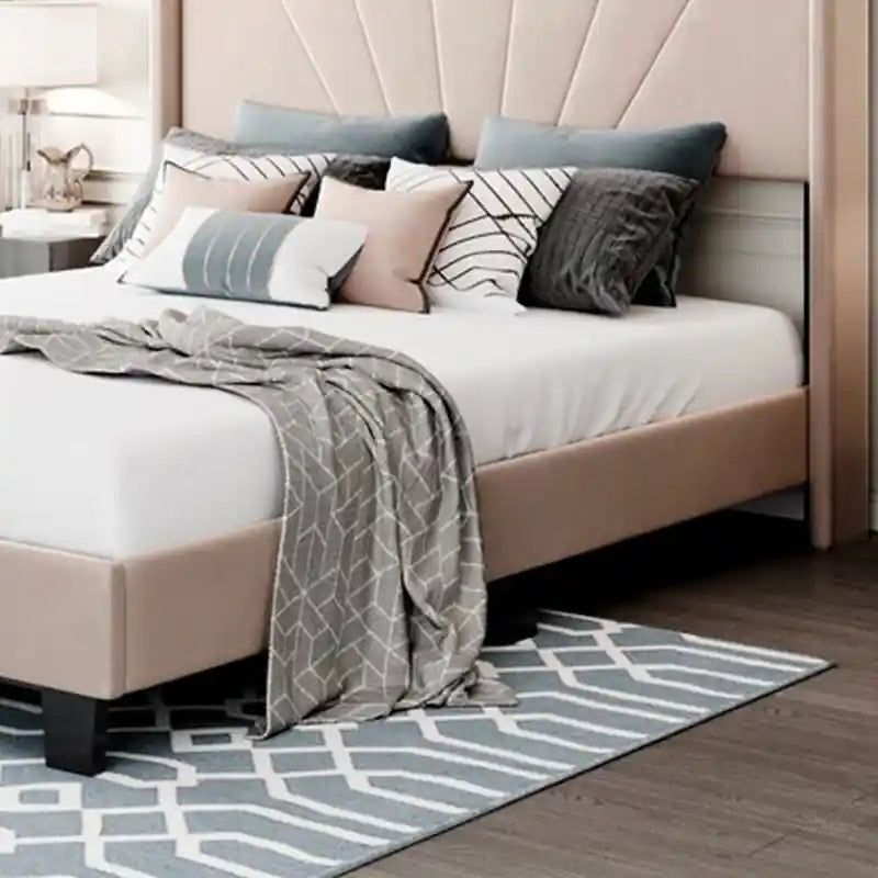 Zuri contemporary black tapered legs beige upholstery; Zuri bed with headboard shown as a platform bed.