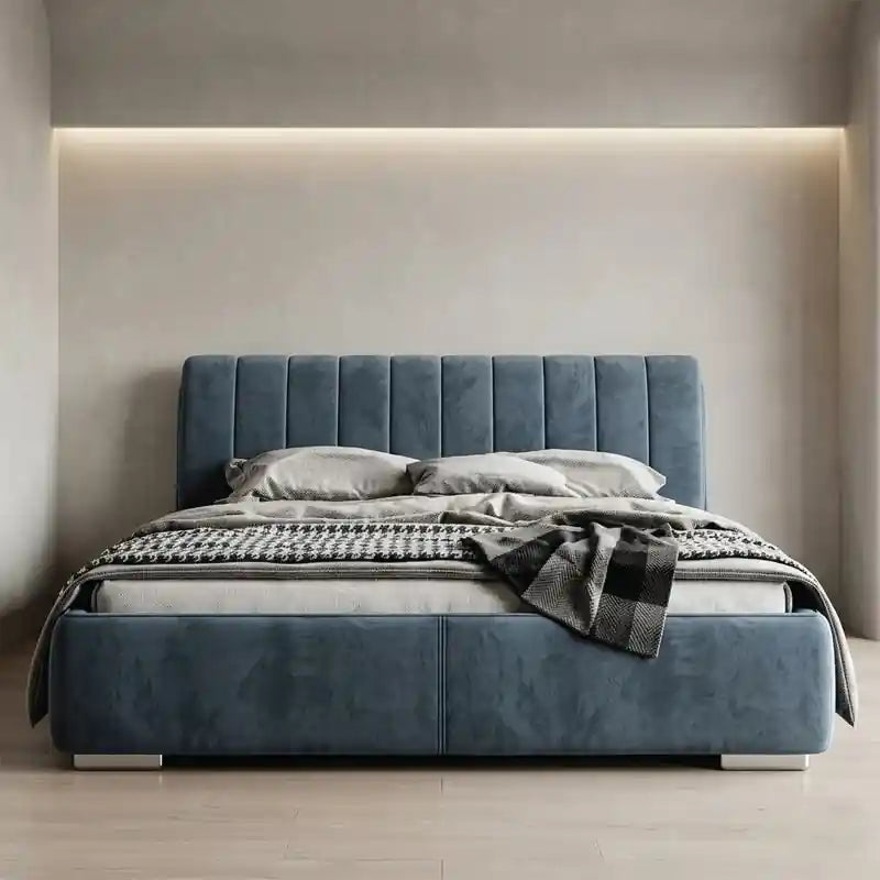 Koda contemporary padded frame green velvet; Koda platform bed shown as an upholstered bed.