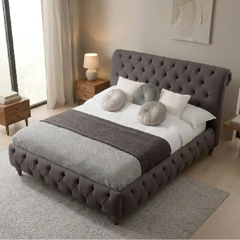 Huxon tufted upholstered platform legs; Huxon luxury bed shown as a bed with headboard.
