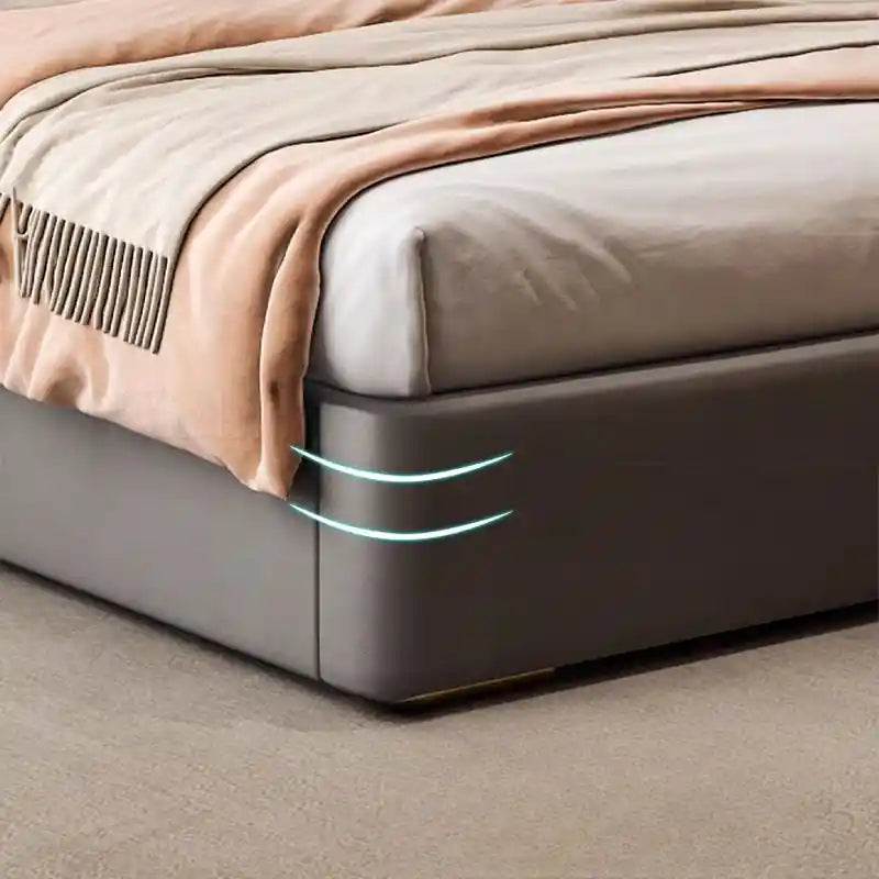 Halric sleek upholstered profile with built-in foot handle; Halric hydraulic bed with storage shown as an upholstered bed.