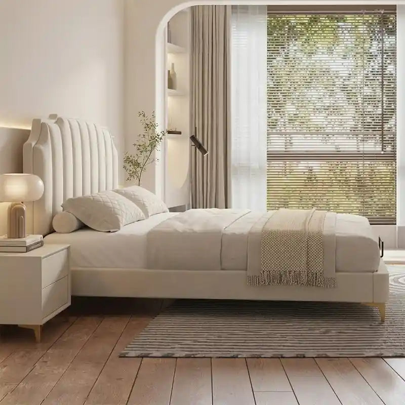 Volin soft padded headboard cream fabric finish; Volin platform bed shown as a bed with headboard.