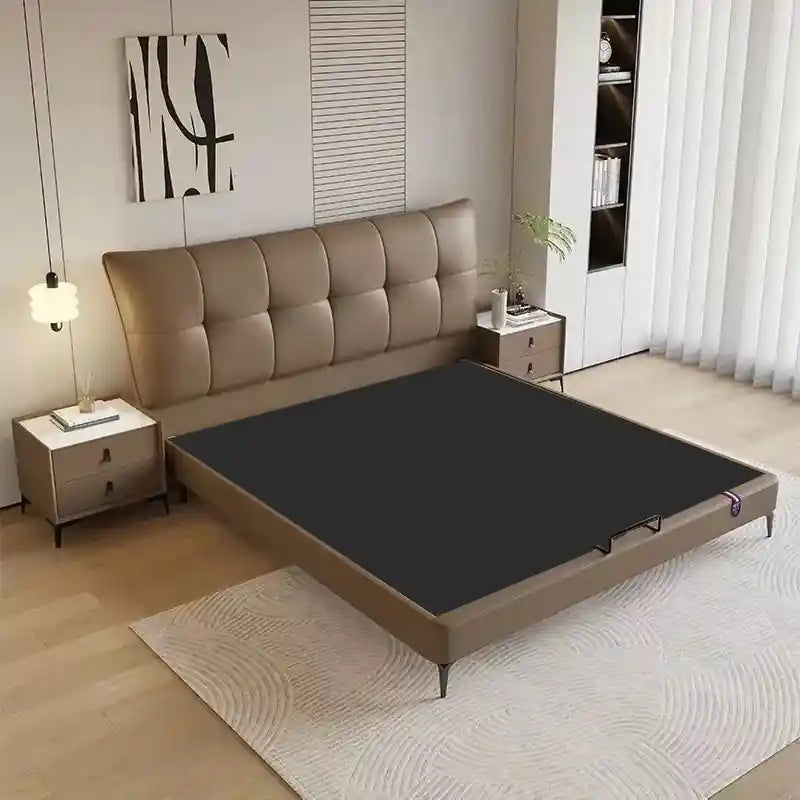 Maple full-frame side profile with clean lines; Maple hydraulic storage bed shown as a bed with headboard.