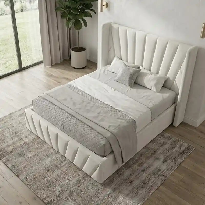 Ostry off-white tall wingback upholstered frame; Ostry luxury bed shown as an upholstered bed.