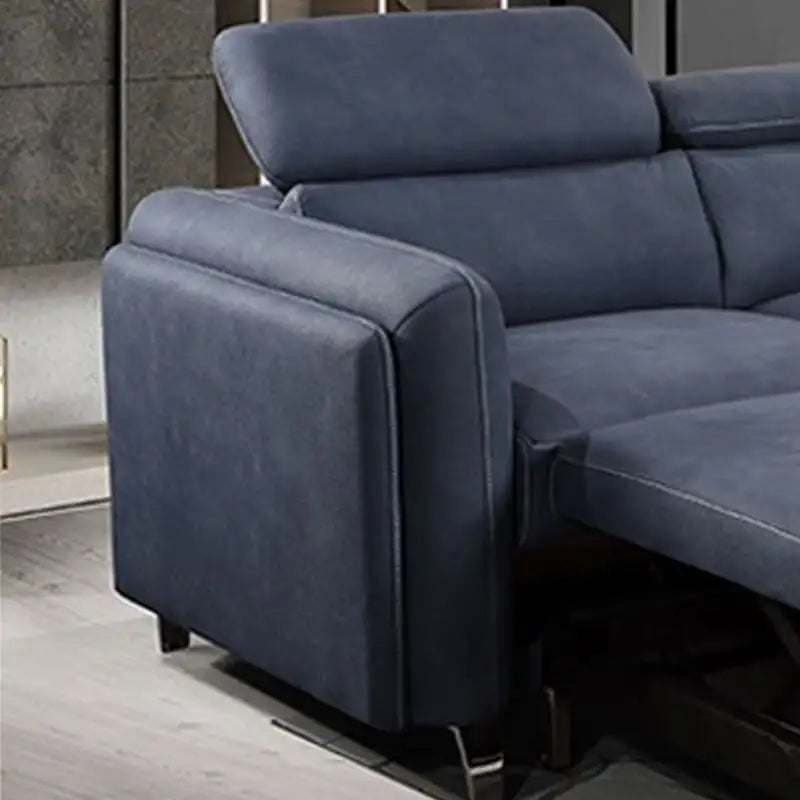 Sofa cum bed with dark navy fabric upholstery, pull-out bed function, contrast stitching, and sofa bed couch utility