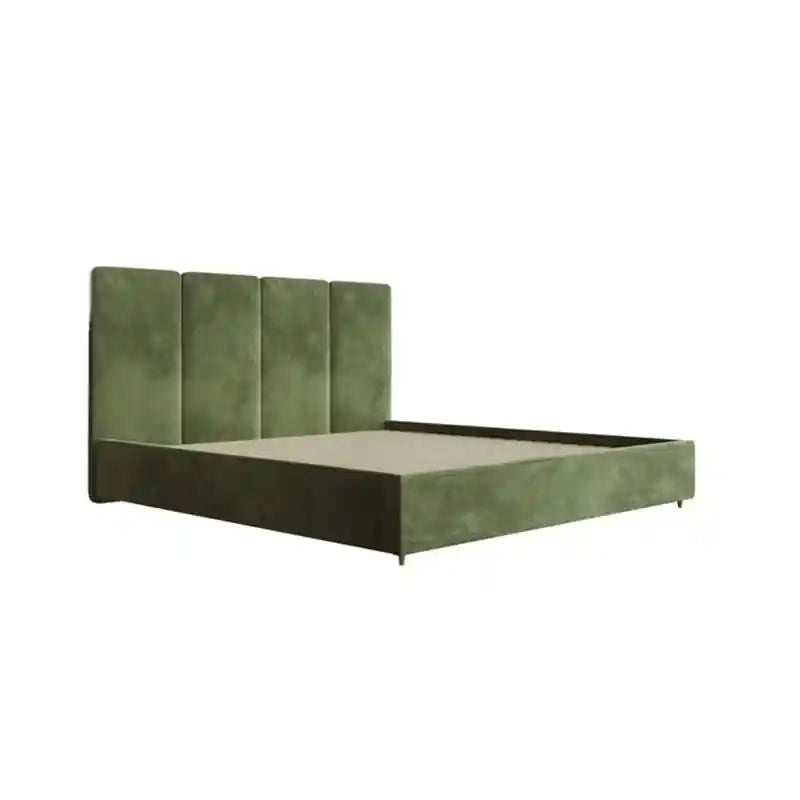 Calix green velvet fabric texture close-up; Calix storage bed shown as a hydraulic bed.