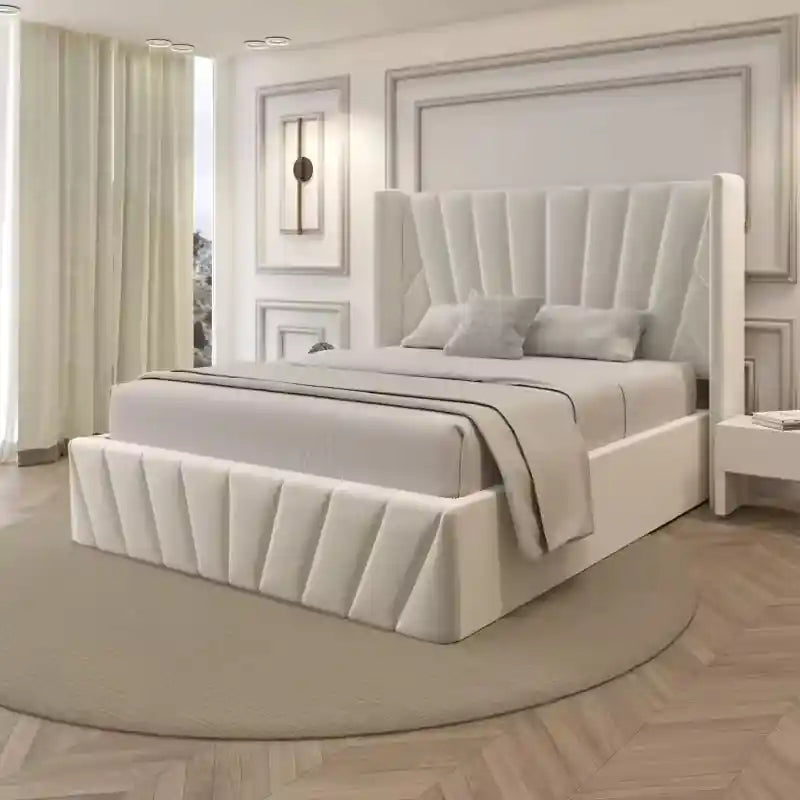 Ostry plush geometric panel cream upholstered bed; Ostry luxury bed shown as an upholstered bed.