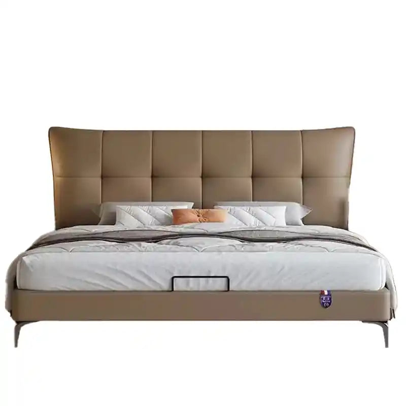 Maple this contemporary upholstered cot merges ergonomic comfort with a sleek, floating silhouette ideal for king-size; Maple hydraulic storage bed shown as a bed with headboard.