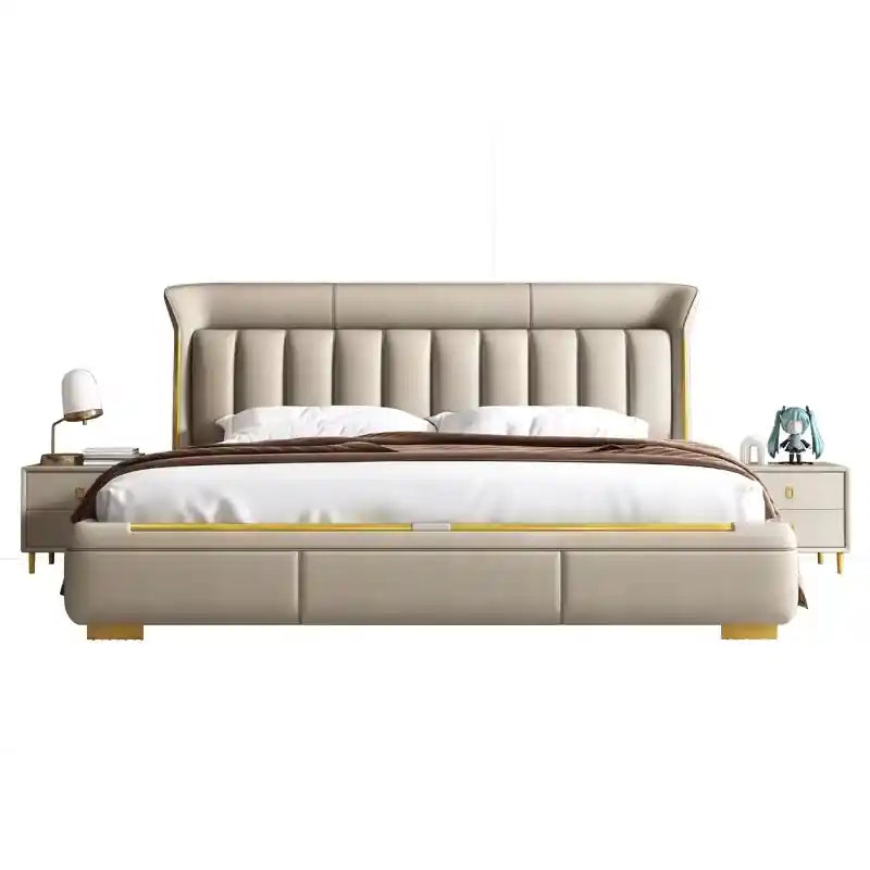 Contemporary master bedroom bed design bed and cot taupe cushioned frame