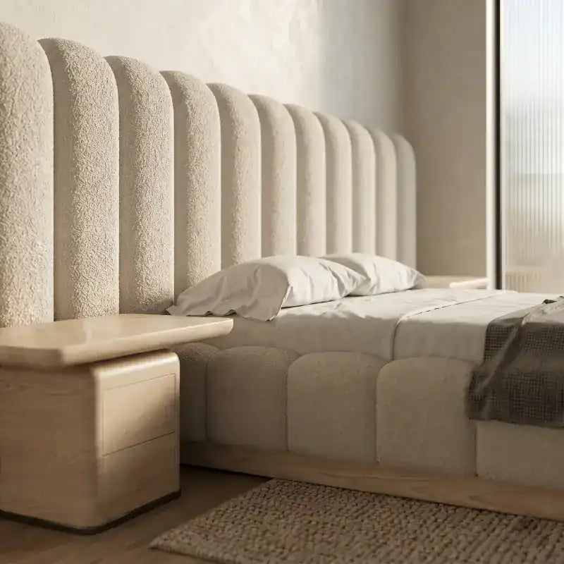 Gavio Boucle Bed with Soft Textured Fabric and Side Tables