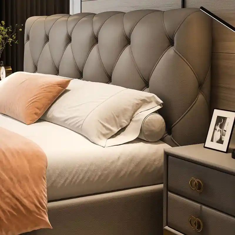 Halric fully padded frame edges for safety and elegance, hydraulic bed; Halric hydraulic bed with storage shown as an upholstered bed.