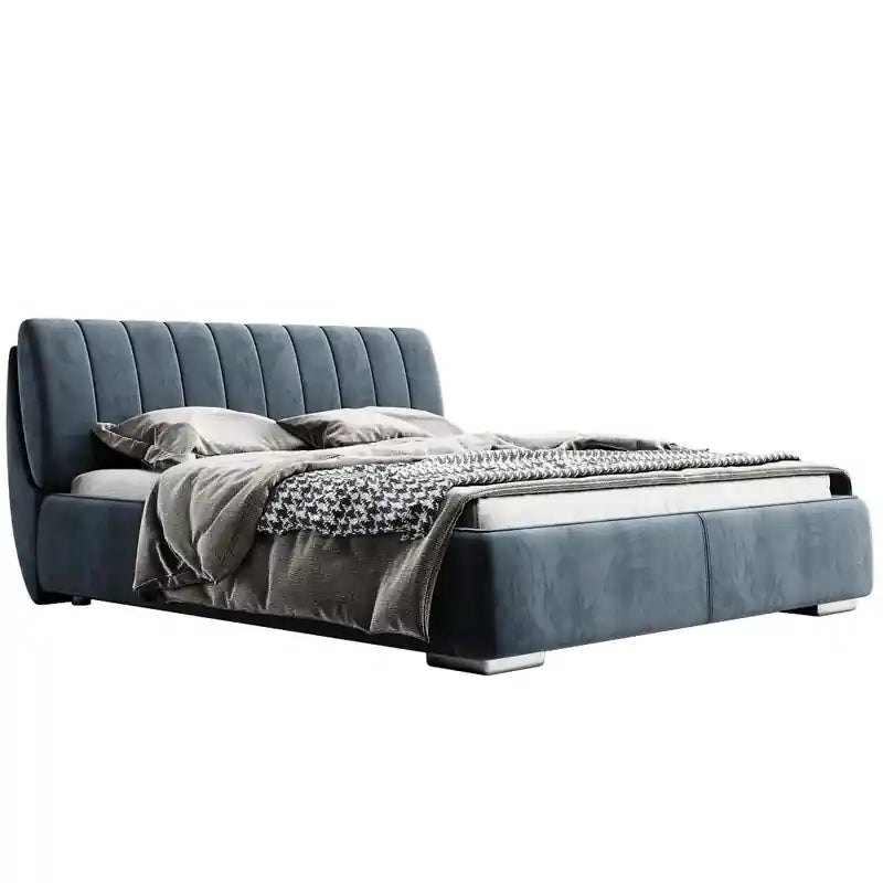 Koda luxury upholstered platform metallic legs blue fabric; Koda platform bed shown as an upholstered bed.