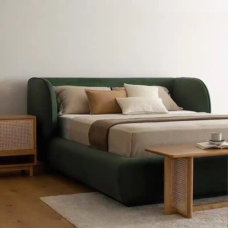Norix rounded silhouette photo in green tone showing modern feel; Norix platform bed shown as an upholstered bed.