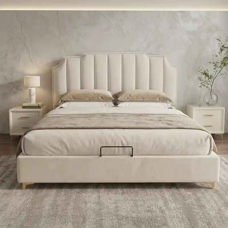 Volin elegant upholstered gold metal legs wingback style; Volin platform bed shown as a bed with headboard.