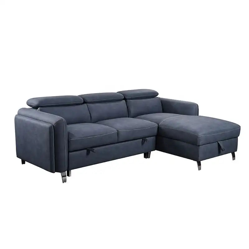 Modern L shape sofa bed with storage chaise, black metal legs, raised headrest profile, and sofacumbed comfort