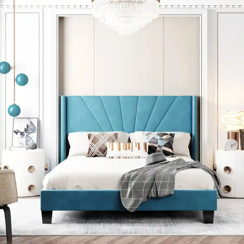 Zuri luxury upholstered frame teal fabric headboard; Zuri bed with headboard shown as a platform bed.