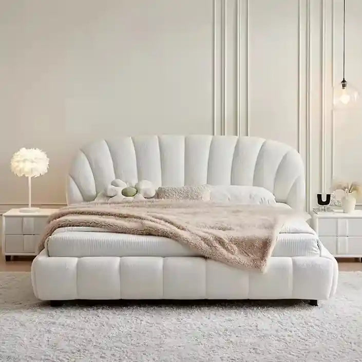 Norel vertical channel tufted cot ivory fabric; Norel upholstered bed shown as a platform bed.