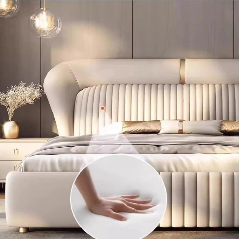 Happon is an upholstered bed with a tall wingback headboard, vertical channel tufting, cushioned side rails