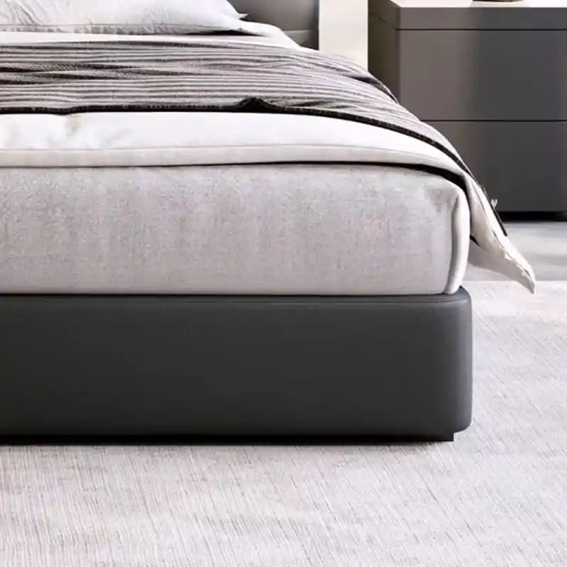 Kalman this upholstered bed, ideal for queen mattresses; Kalman bed with headboard shown as a luxury bed.
