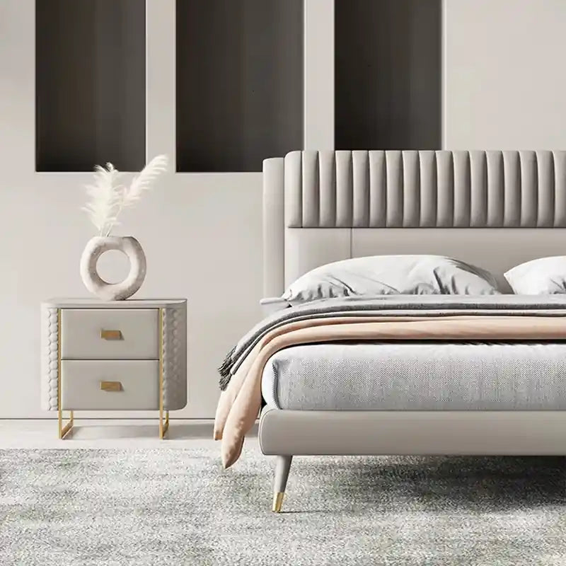 Jaxen upgrade your interiors with the Glybo upholstered bed designed for modern homes seeking refined comfort and elegant styling.; Jaxen platform bed shown as a luxury bed.