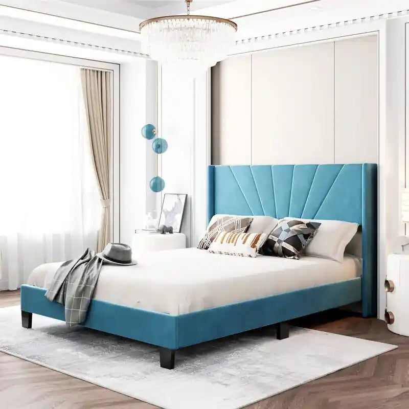 Zuri the Veala upholstered bed brings together refined craftsmanship and contemporary comfort for stylish modern interiors; Zuri bed with headboard shown as a platform bed.