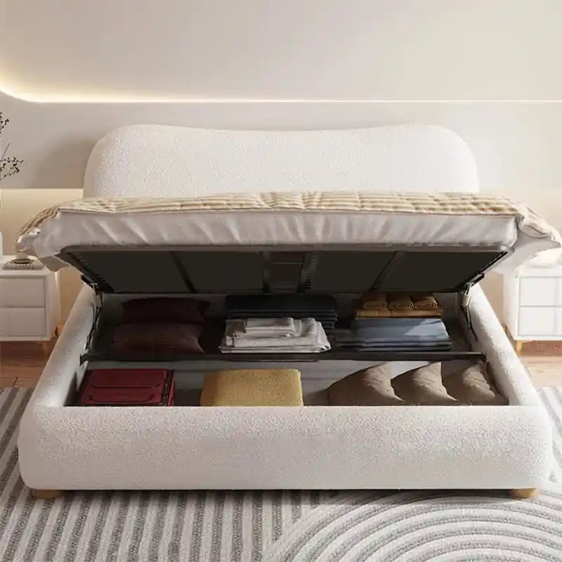 This modern upholstered bed blends Scandinavian-inspired form with Indian functionality, ideal for urban master bedrooms.