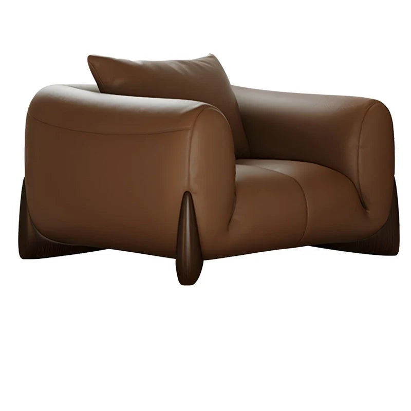 warm brown sofa with deep cushions, soft back support and wide comfortable arms — front angle showing the back support and...