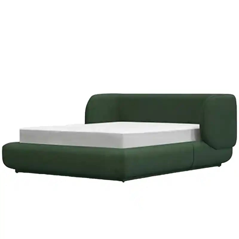 Norix it features a thick wrap-around headboard and a fully padded frame, offering cocoon-like comfort in either a deep forest; Norix platform bed shown as an upholstered bed.