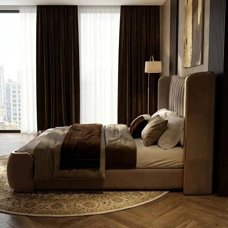 Golran the balanced proportions, upholstered side rails, and sturdy platform; Golran luxury bed shown as an upholstered bed.