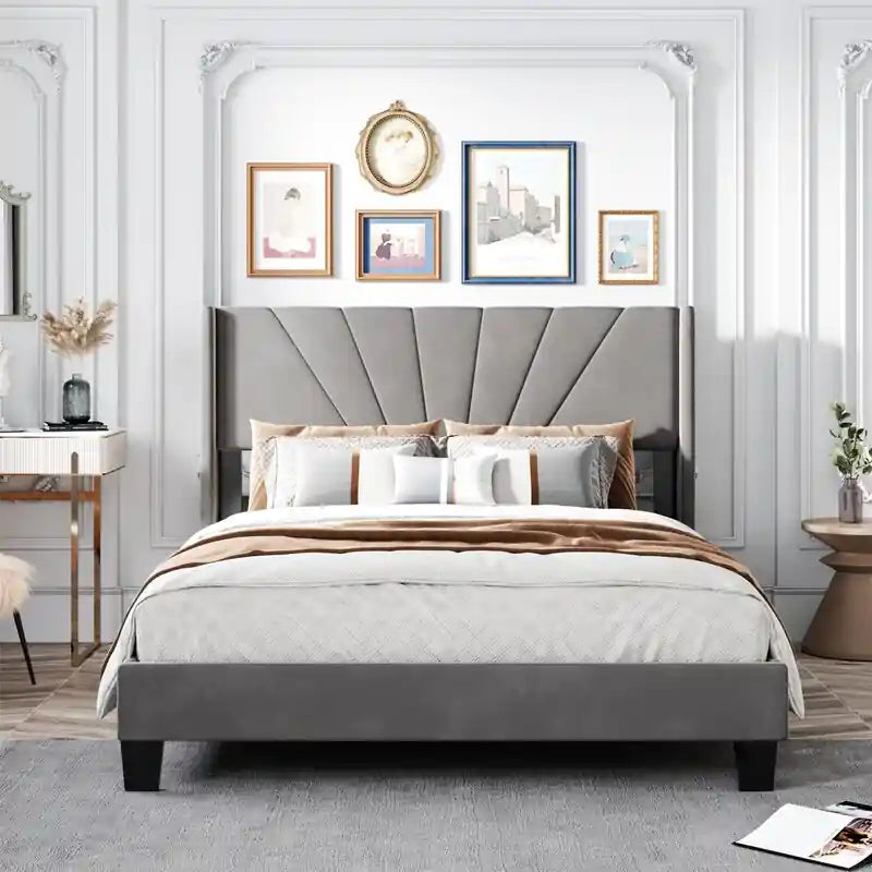 Zuri featuring a premium with elegant fan-pattern stitching, this; Zuri bed with headboard shown as a platform bed.