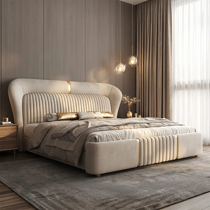 Wingback padded headboard, hydraulic bed and bed frame, cream upholstered fabric
