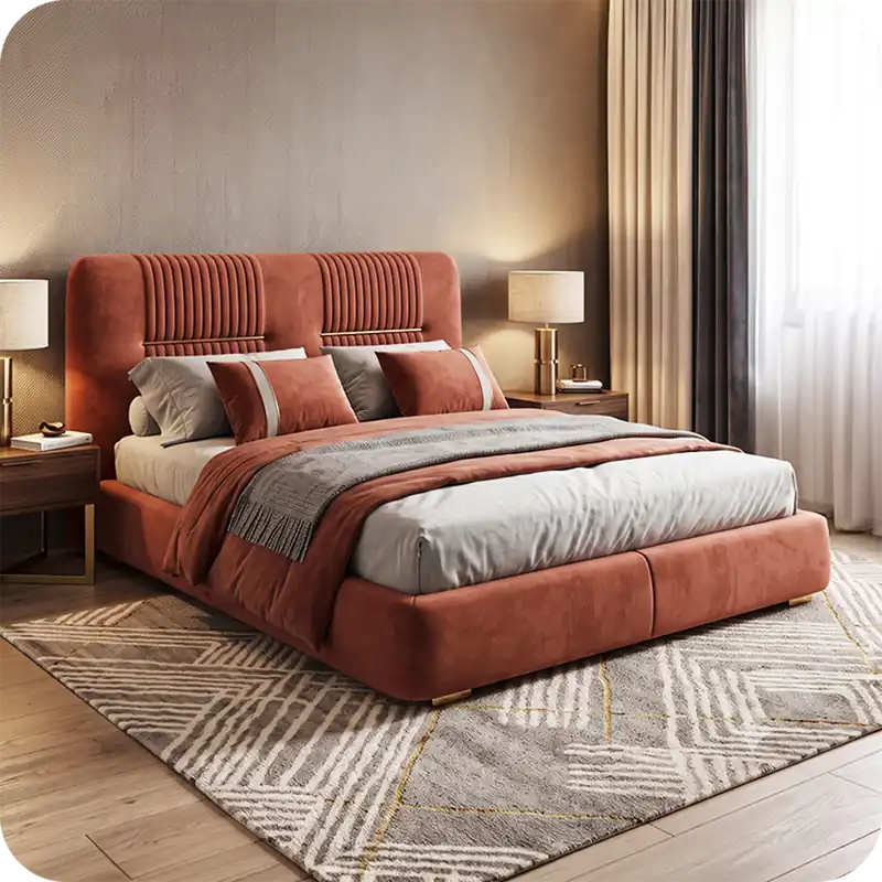 Alder off-white bouclé fabric bed with stub legs; Alder hydraulic bed with storage shown as an upholstered bed.