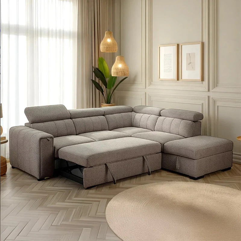 L shape sofa bed with hidden cup holder tray, chaise storage, adjustable headrests, textured grey fabric, and pull-out sofa bed function
