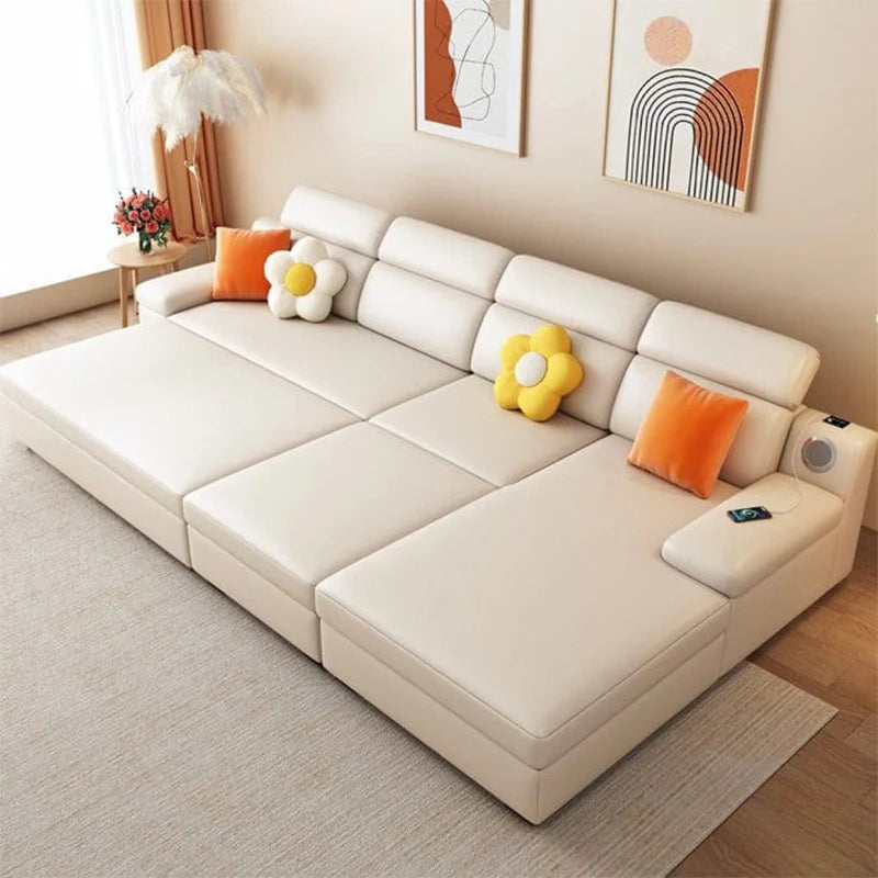 Pull-out sofa bed with L shape layout, built-in device charging panel, medium-firm comfort, and sofa bed with storage