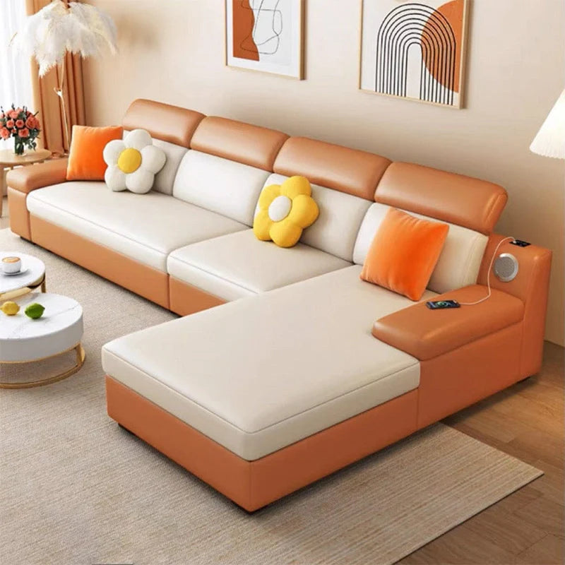 Compact L shape sofa cum bed with storage, charging interface, low-profile design, and modern sofa bed comfort